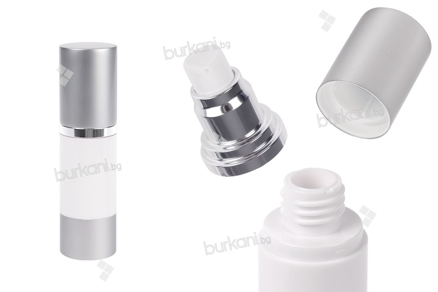 Бутилка airless 30 ml за крем ( бяло тяло, капака и основа сребро алуминиево) 